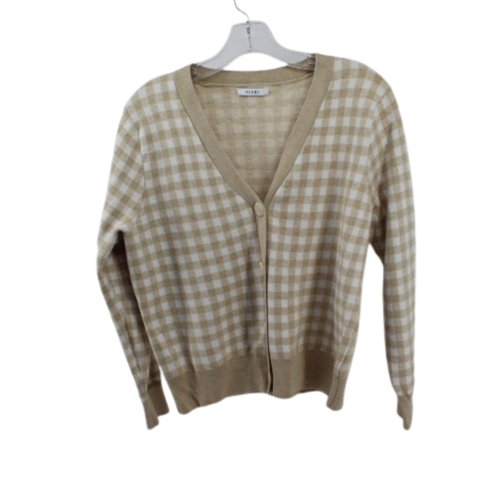 Sioni Womens Gingham Cardigan‎ Beige White V-Neck Button Sweater Preppy Knit